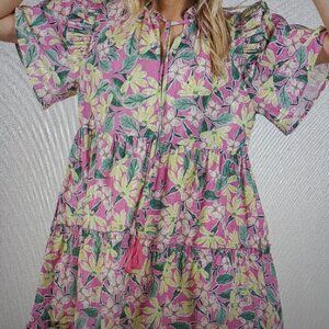 Pink Floral Print Ruffle Sleeve Dress by Sage + Fig